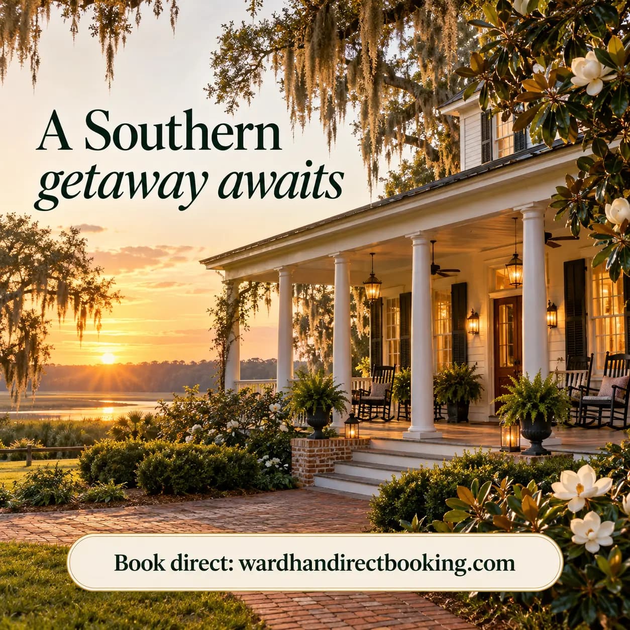 Warm Southern guesthouse porch at sunset with inviting outdoor seating