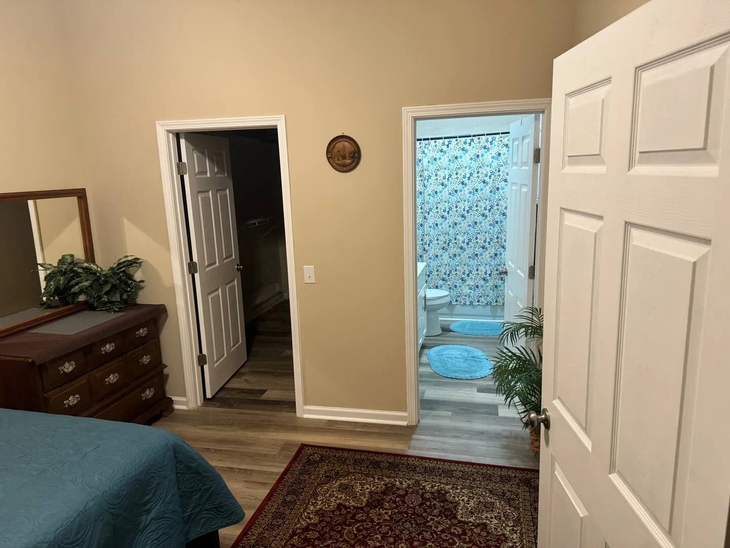 Bedroom and bathroom access at Troopers Lane Getaway in Waycross, Georgia.